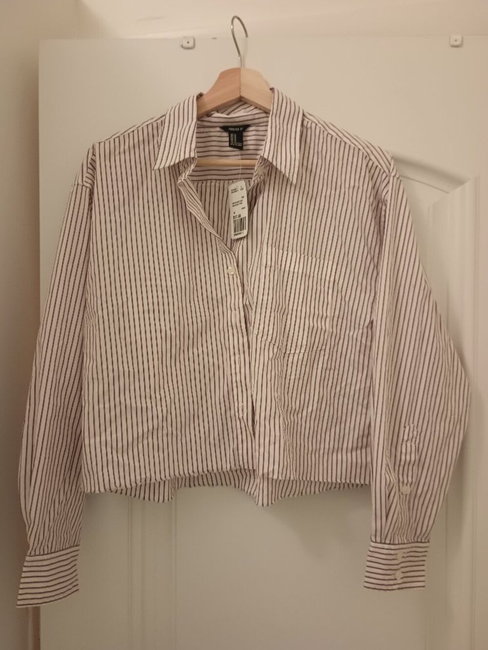 Forever 21 Cropped White Button Up Blouse Shirt Pink Vertical Striped Size M